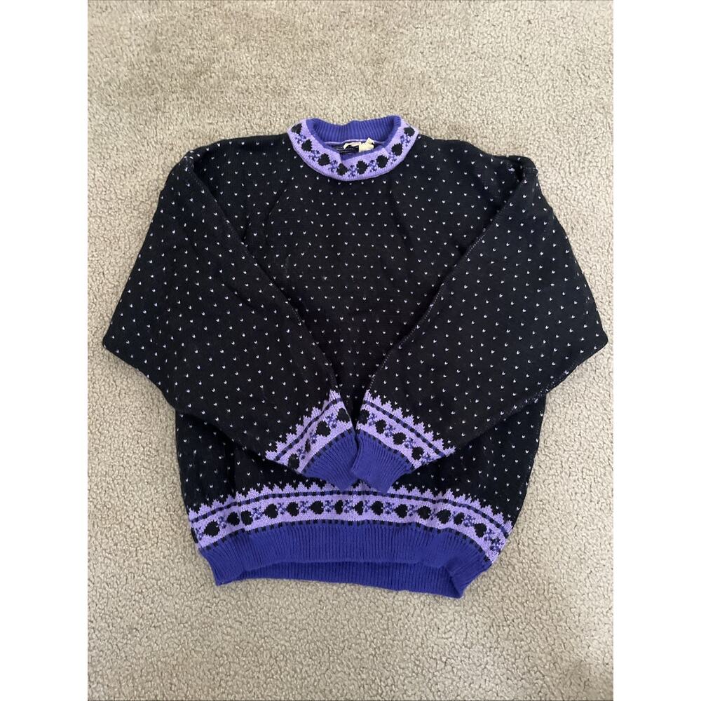 VTG L Italian Moda 100% Acrylic Black Sweater Purple Hearts & Leaf Warm Woolly